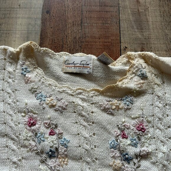 Vintage Carolyn Taylor Floral Knit Sweater With Embroidered & Pearl Details -M - Picture 2 of 10